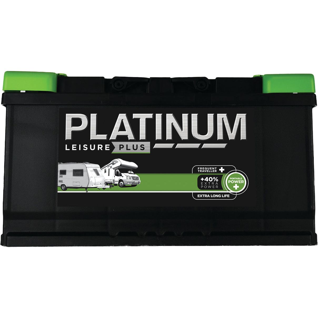 A Sparex Battery S6110L, offering 110 AH capacity at 12V, features a sleek black casing with green accents. Designed for caravans and motorhomes, it boasts labels indicating 40% extra power and extended life, reflecting the high quality of Sparex products.