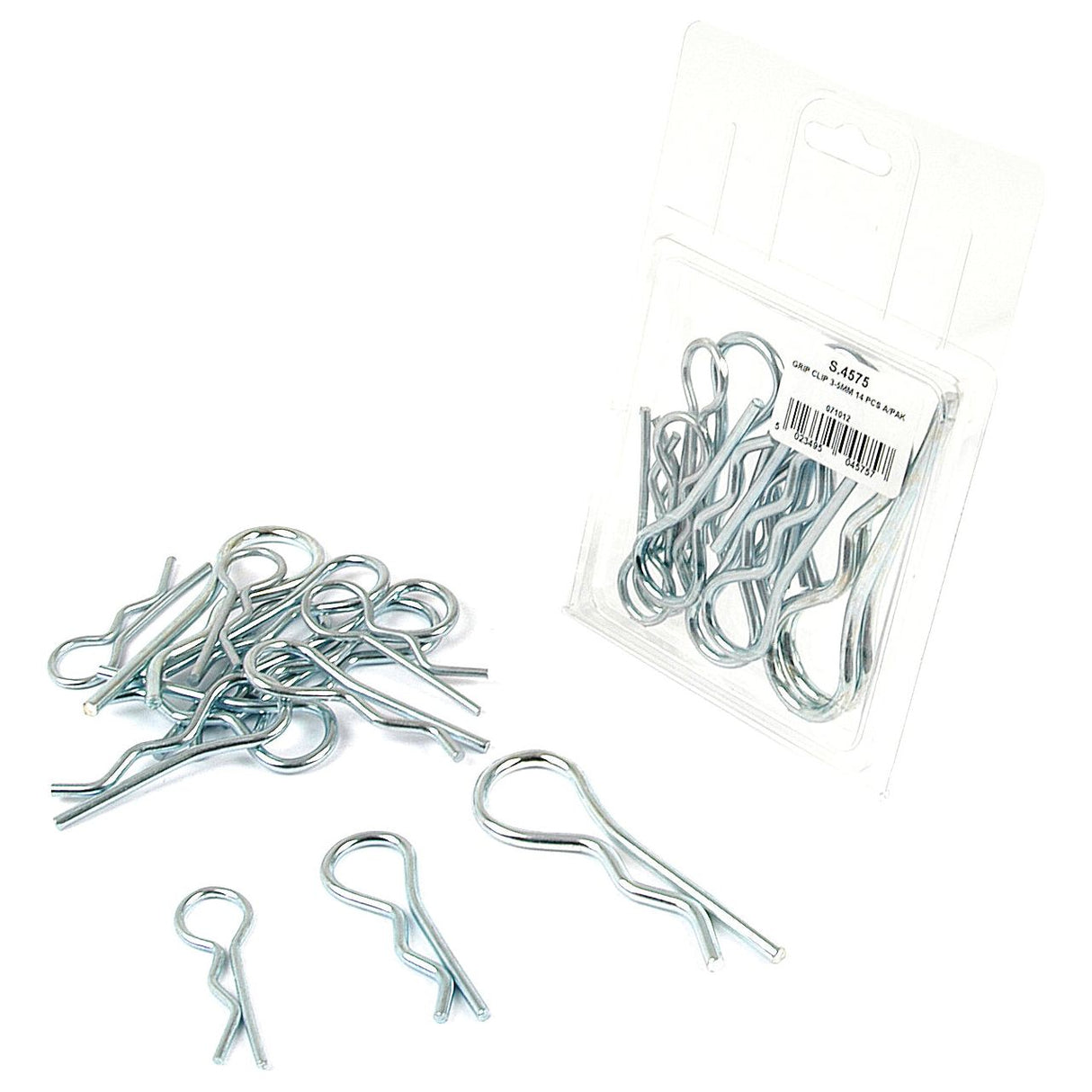 A pile of Grip Clips - Single Wound from Sparex, next to an Agripak plastic package containing several more of these clips. The labeled and barcoded package includes Grip Clips of Ø3-5mm x 66-105mm, with Sparex Part No. S.4575.