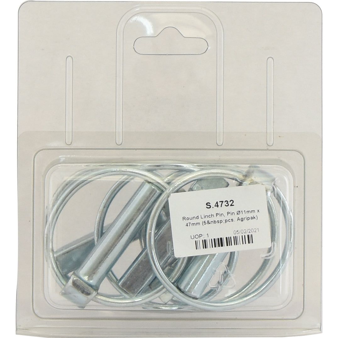 Product packaging containing round linch pins, labeled as Sparex Part No. S.4732, Pin Ø11mm x 47mm, 5 pieces, with a manufacturing date of 05/03/2021. Ideal for Agripak and other Sparex equipment, these Standard Duty pins offer reliable performance for your machinery needs.