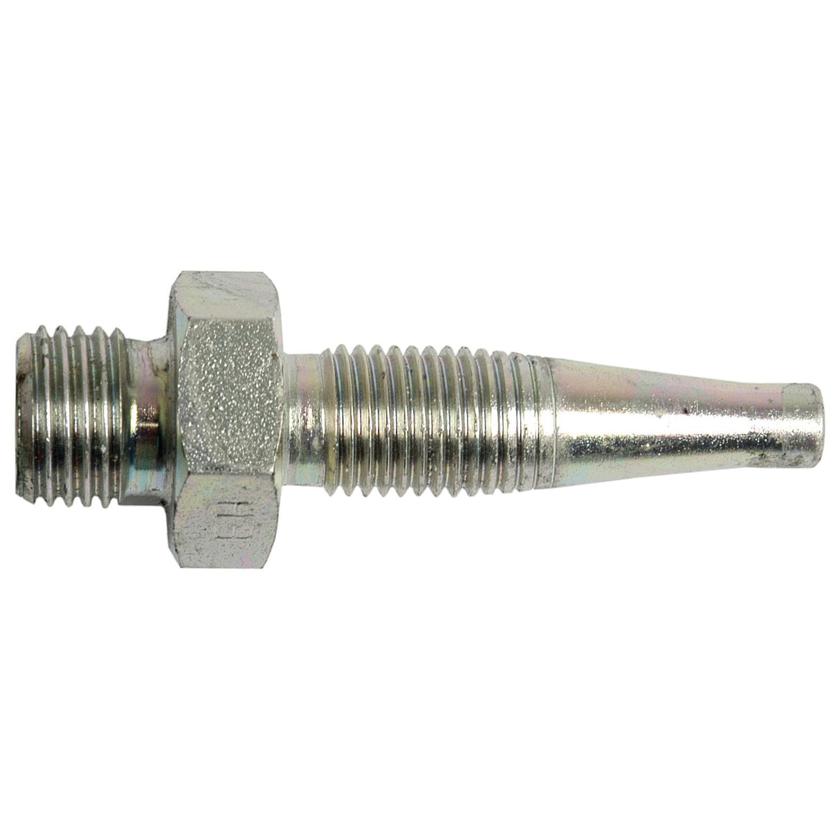 Close-up of a Sparex Hydraulic 2-Piece Re-usable Coupling insert 1/4'' x 1/4'' BSP male (Sparex Part No. S.4744), showcasing its metal threaded pipe fitting with a hexagonal nut in the middle, featuring a male insert for a secure connection.