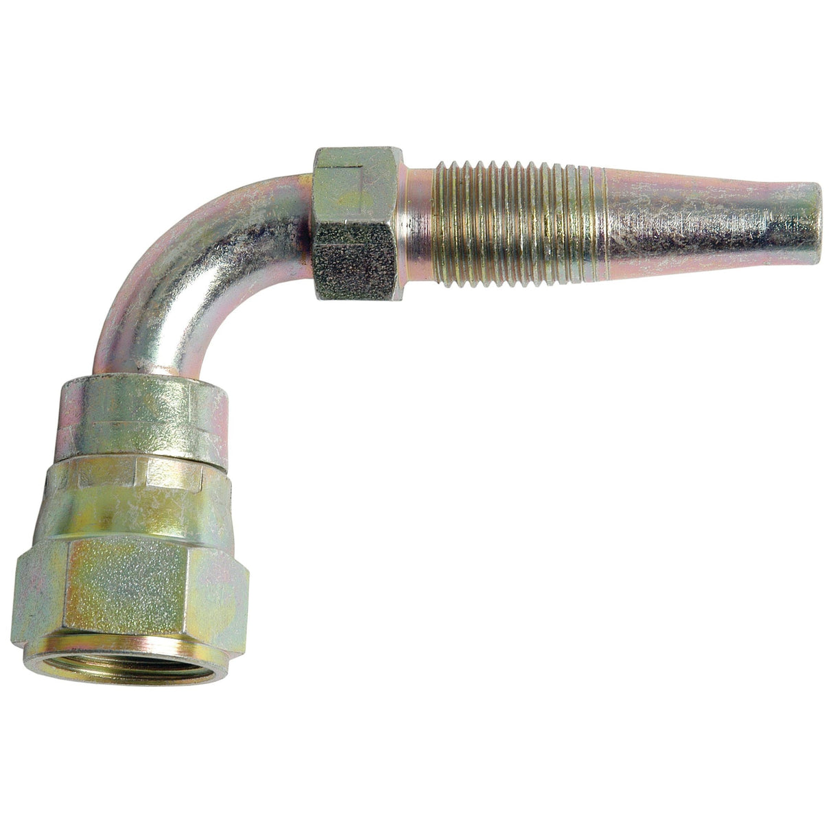 The Sparex Hydraulic 2-Piece Re-usable Coupling insert, also known as Sparex Part No.S.4771, is an L-shaped metal fitting for hydraulic hoses with a 3/8'' internal diameter. It features a nut for securing connections and includes a 90° Female Insert with a reliable 3/4'' JIC Thread for dependable assembly.
