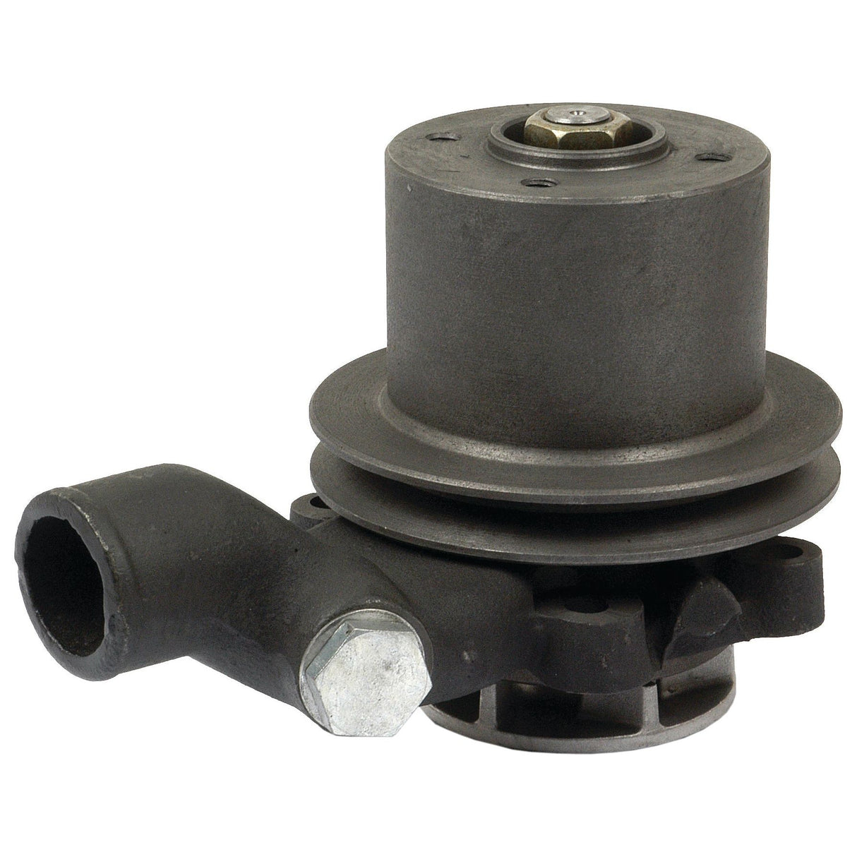 Close-up of the Sparex Water Pump Assembly (Supplied with Pulley) - S.48020, featuring a metal cylindrical housing, a pulley wheel, and an attached hose connector. Suitable for various vehicle models.