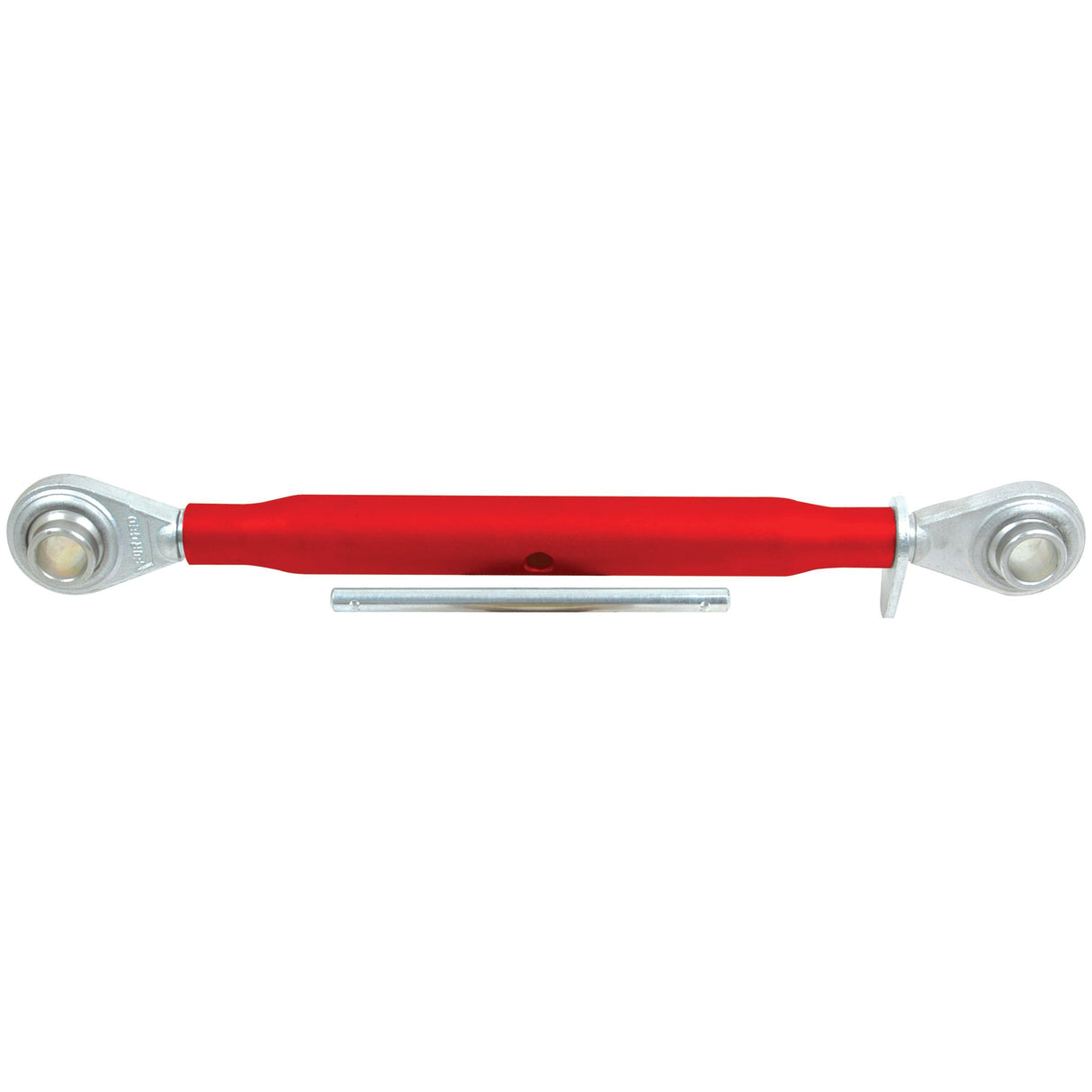 A red Sparex Top Link (Cat.1/1) Ball and Ball with two silver eye bolts on either end, 1 1/8'' in size and a minimum length of 445mm, set against a white background - an essential implement for your toolbox.