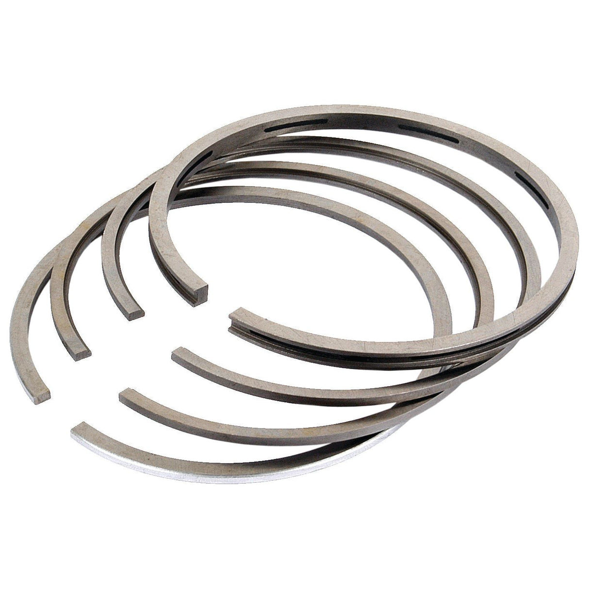 A set of Sparex Piston Rings (Sparex Part No. S.4956850), fanned out to showcase their circular shape and gaps—an ideal ring set alternative to 56850.
