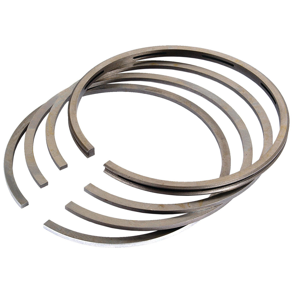 Presenting the Piston Ring from Sparex, Part No. S.4957508: a premium collection of metal piston rings meticulously arranged in a partially overlapping manner. This high-quality set, under tariff code 8409990090, guarantees superior performance and durability for your engine's needs.