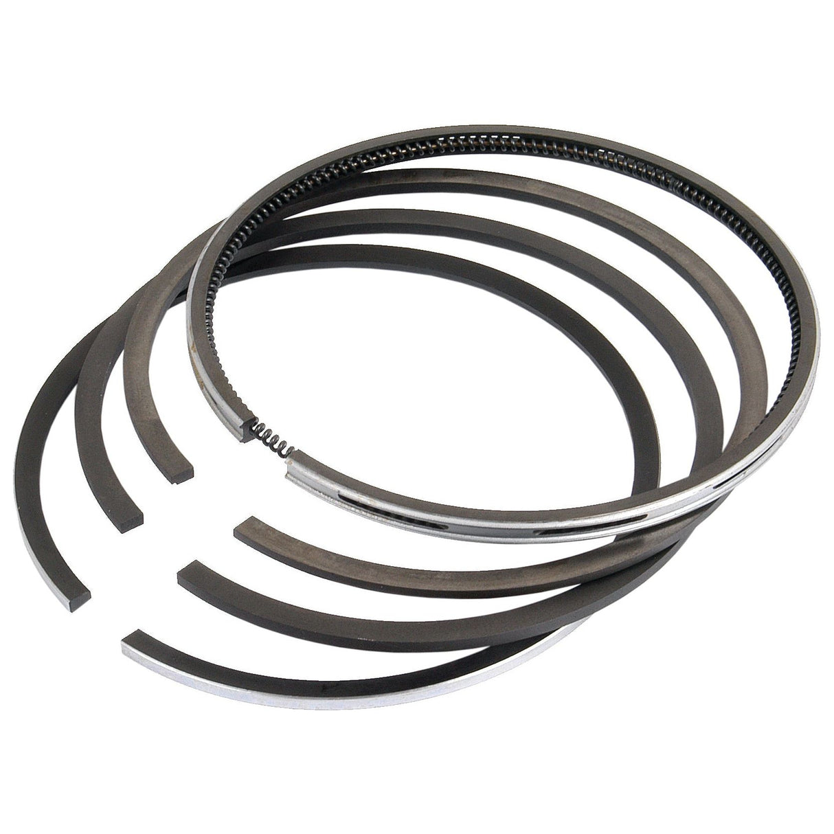 A set of metallic engine piston rings of varying thickness, arranged in a partial stack, designed for Deutz-Fahr to seal the combustion chamber and regulate engine oil usage. For more details, refer to the product specifications for the Piston Ring | Sparex Part No.S.4958894 from Sparex.