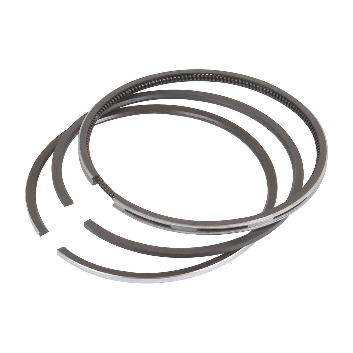 Three metal piston rings of varying sizes are displayed, two of which are broken at different points. This Piston Ring Set, identified by Sparex Part No. S.4972160 and branded by Sparex, includes all necessary parts and comes clearly labeled with the appropriate tariff code for seamless international shipping.