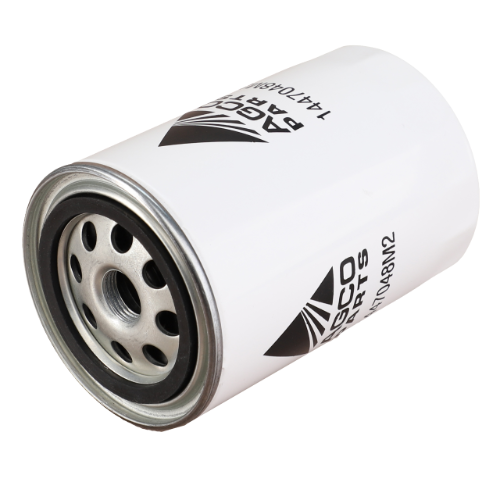 The AGCO Massey Ferguson 4 Cylinder Oil Filter (1447048M2) is a white cylindrical filter with black and silver branding, featuring multiple holes on one end, specifically designed for Massey Ferguson models.