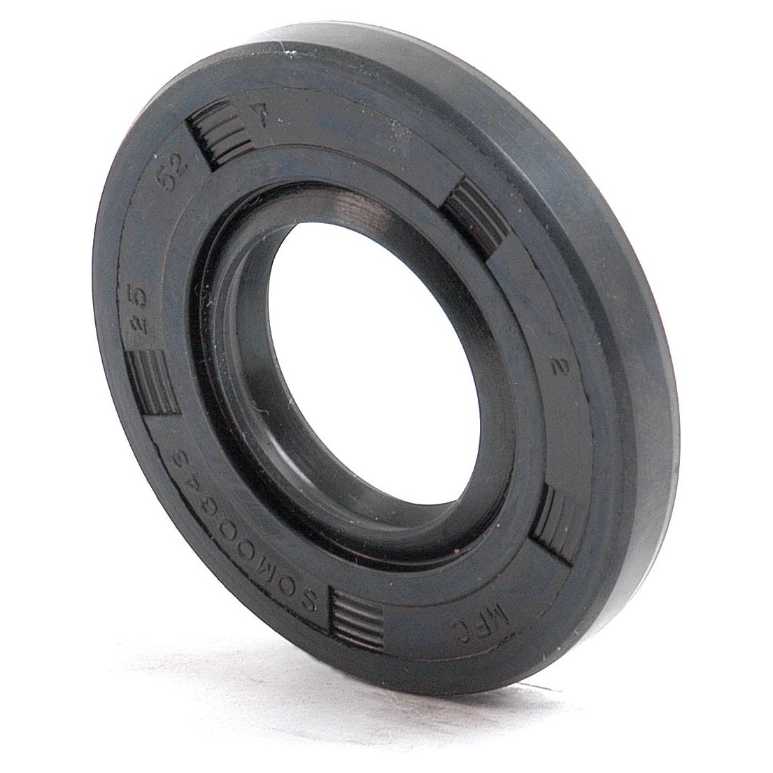 Introducing the Sparex Metric Rotary Shaft Seal (Part No. S.50215), a circular black rubber oil seal featuring a ridged outer surface, central hole, and double lip design, measuring 25 x 52 x 7mm. This high-quality shaft seal ensures optimal performance in demanding applications.