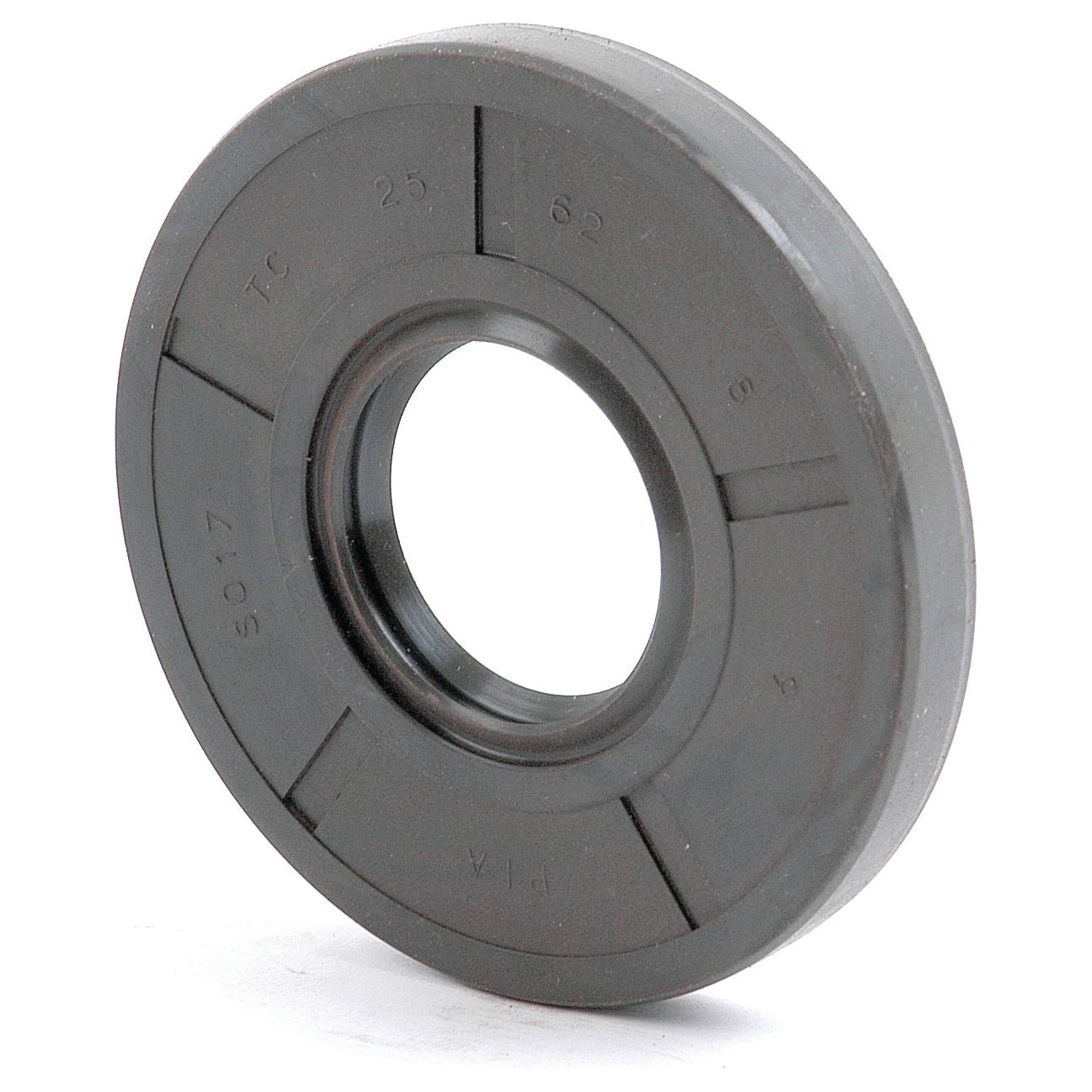 A black rubber oil seal with printed specifications including "TC," "25," "62," and "8" visible on its surface. This Metric Rotary Shaft Seal, 25 x 62 x 8mm by Sparex (Part No.S.50217) features a double lip design and a smooth, circular pattern around the central hole.