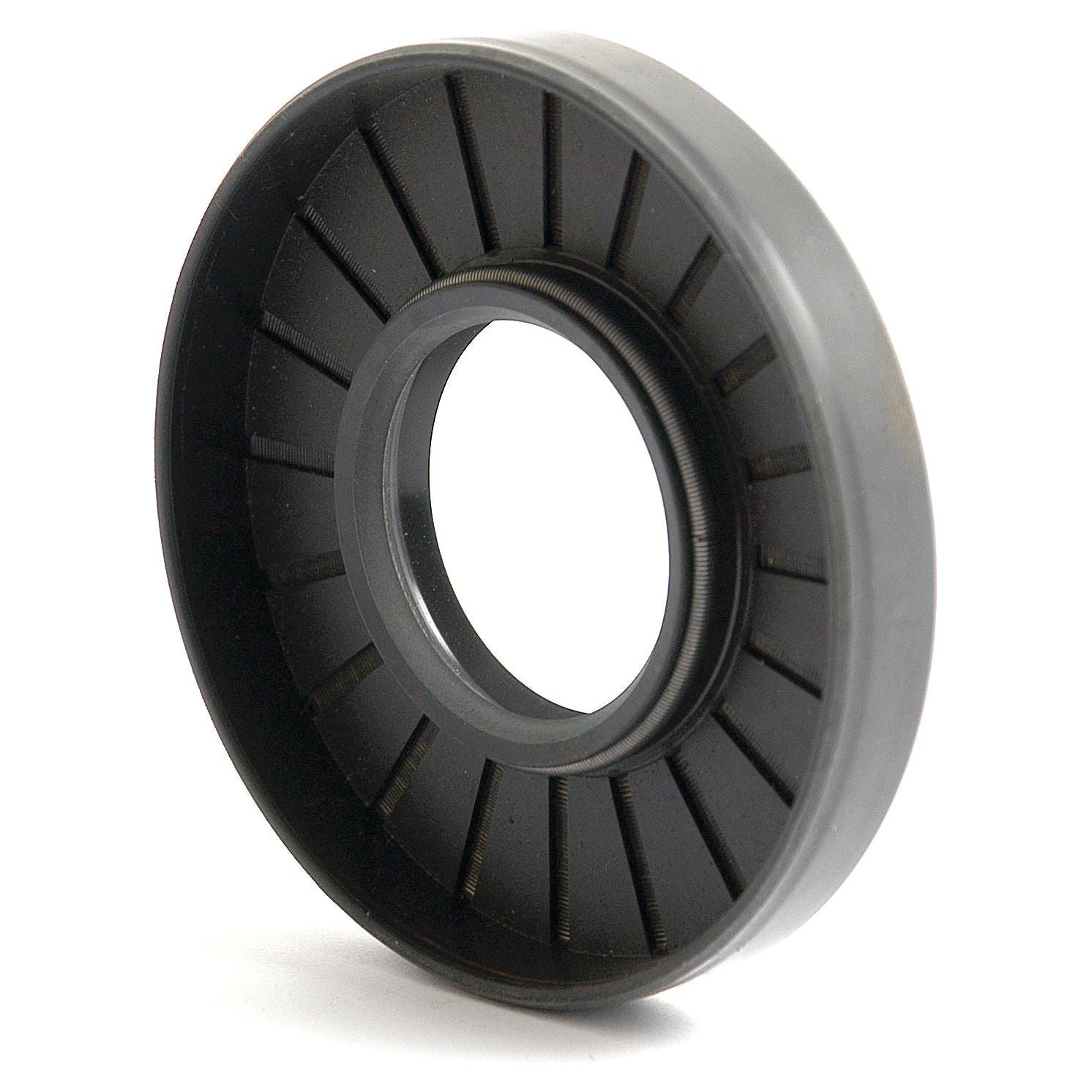 The Sparex Metric Rotary Shaft Seal, 35 x 80 x 12mm Double Lip (Part No. S.50295), is a round, black, ridged mechanical seal with a central hole. This specialized oil seal or bearing features a double lip for enhanced sealing capability.