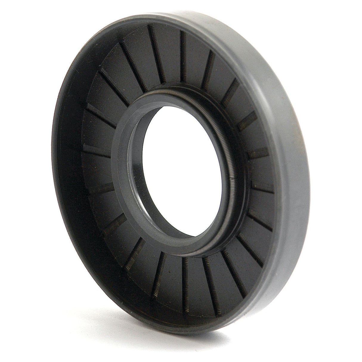 The Sparex Metric Rotary Shaft Seal, 35 x 80 x 12mm Double Lip (Part No. S.50295), is a round, black, ridged mechanical seal with a central hole. This specialized oil seal or bearing features a double lip for enhanced sealing capability.