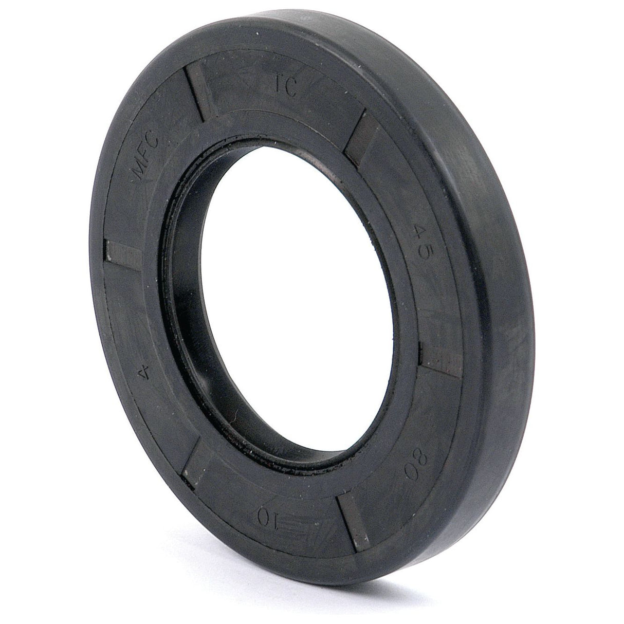 The Sparex Metric Rotary Shaft Seal, part number S.50359, is a black rubber oil seal with a circular shape and labeled markings, sized 45 x 80 x 10mm. It features a double lip design for enhanced performance in sealing gaps and preventing leaks.