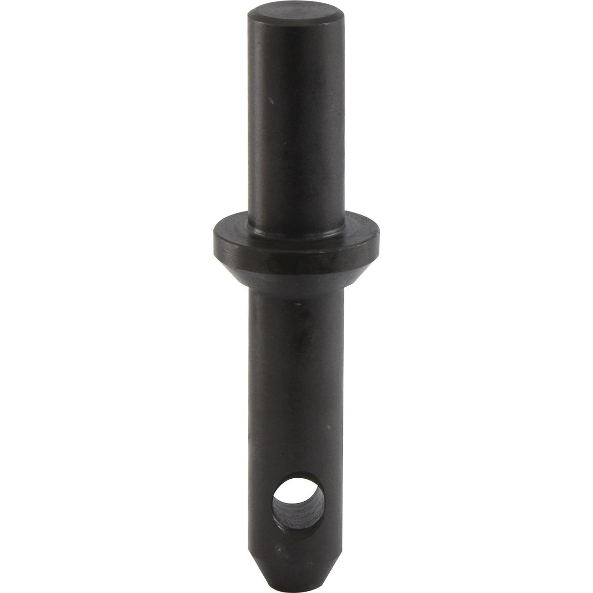A Lower Link Weld On Implement Mounting Pin (22x137mm, Cat. 1) from Sparex, featuring a black metal cylindrical body with a flat rectangular section near the bottom and a hole through the lower part.
