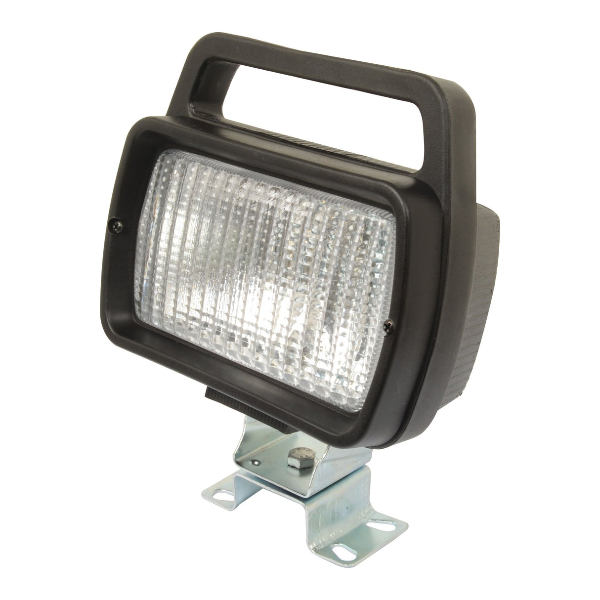 The Sparex Halogen Work Light Rectangular RH & LH - 12V (55W) - S.51116 features a black finish, an ergonomic handle, a sturdy metal mounting bracket, and a textured glass front.