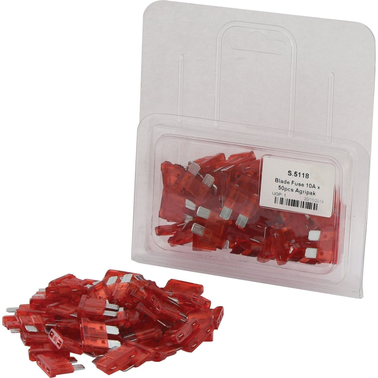 A package labeled 'Blade Fuse 10A, 50 pcs. Agripak' by Sparex (Part No. S.5118) contains red blade fuses, with several others scattered on a white background.