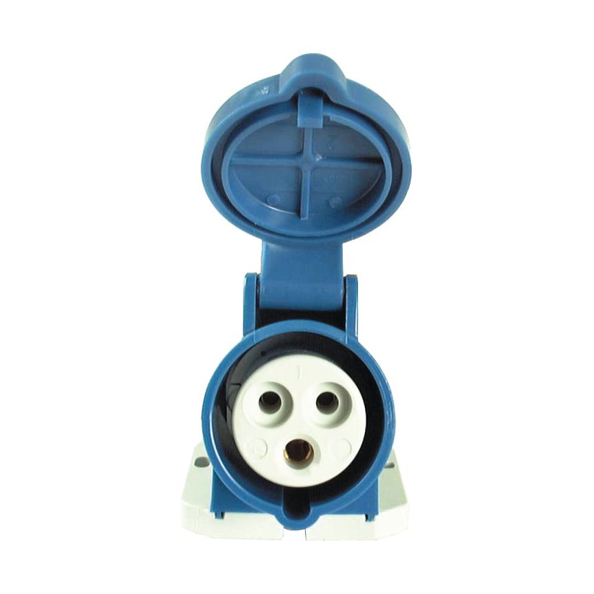 A blue Single Phase Electrical Wall Mounted Socket, Sparex Part No. S.51296, by Sparex, with a protective lid open, revealing three pinholes for connecting a 16 Amps plug.