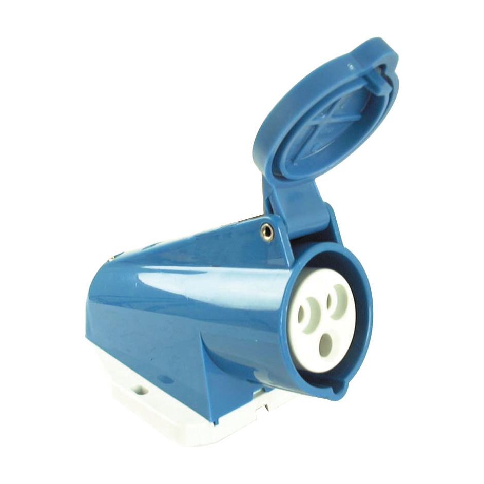 The Single Phase Electrical Wall Mounted Socket, 16 Amps (Sparex Part No. S.51296) from Sparex comes in blue and includes a 3-pin connection along with an open hinged cover.