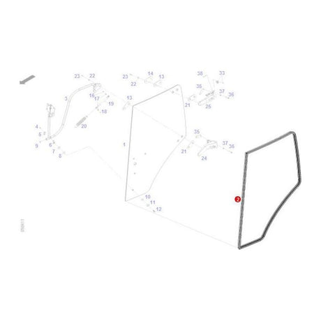 Technical diagram illustrating components with numerical labels, focusing on a highlighted part marked with a red dot, likely the seal for the door glass, suitable for the 700 Series Fendt by AGCO (H737812030081).