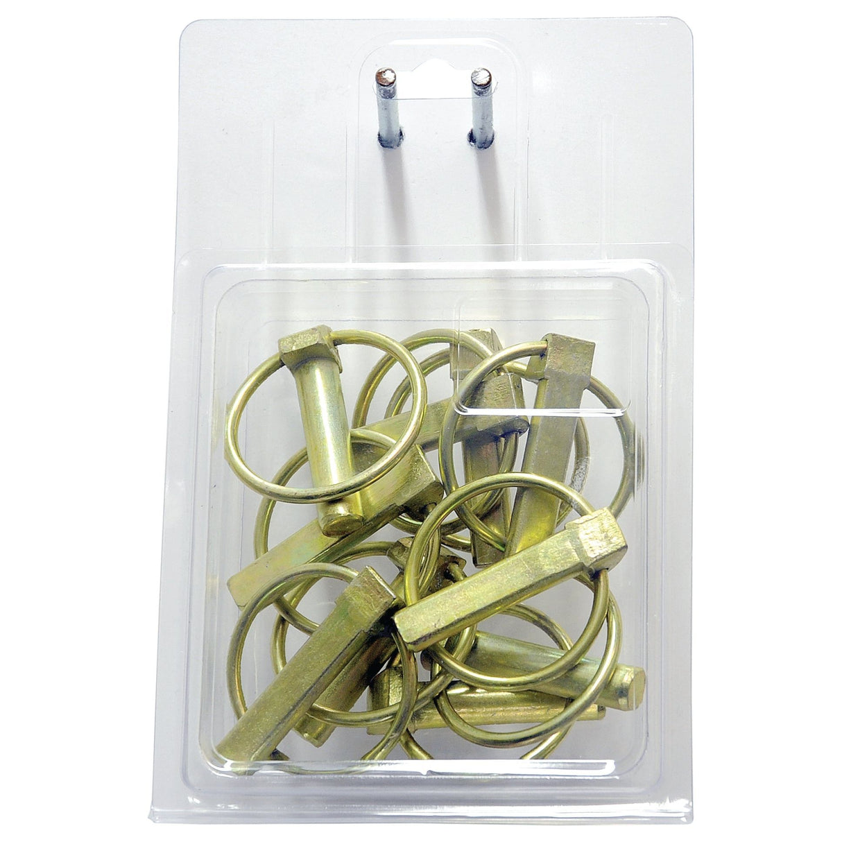 The Sparex Round Linch Pin set (Part No. S.5206) includes a plastic package of ten metallic fasteners, each featuring a ring attached to an 11mm x 44.5mm pin with a loop at the end, ideal for various applications. Part of the Standard Duty Sparex Agripak collection, this set ensures durability and reliability.