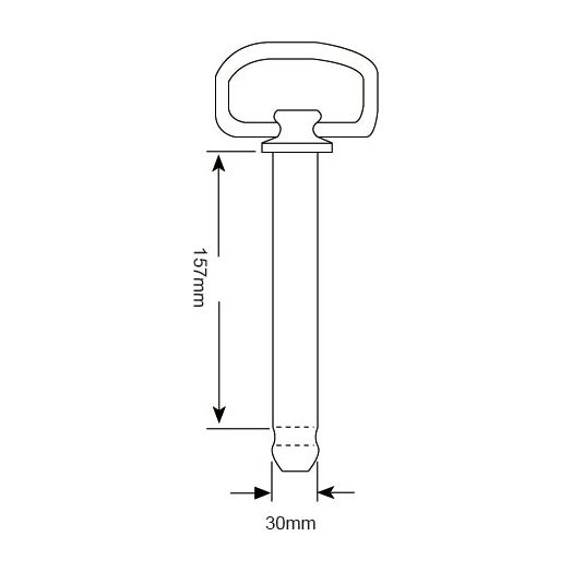 A technical drawing of a Sparex tool, specifically the Hitch Pin with Chain & Linch Pin 30x157mm (Sparex Part No. S.52077), featuring a handle and pin with a diameter of 30mm, measuring 157mm in height and 30mm in width.