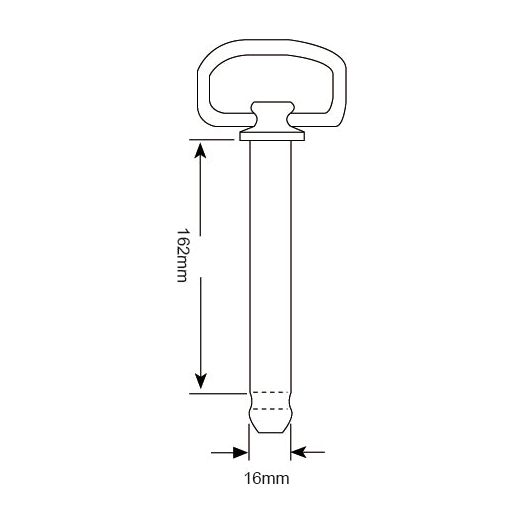Diagram of a Hitch Pin with Grip Clip 16x162mm (Sparex Part No. S.52095), featuring a key-like design with a rounded top, measuring 162mm in height and 16mm in width at the widest part. Brand: Sparex.