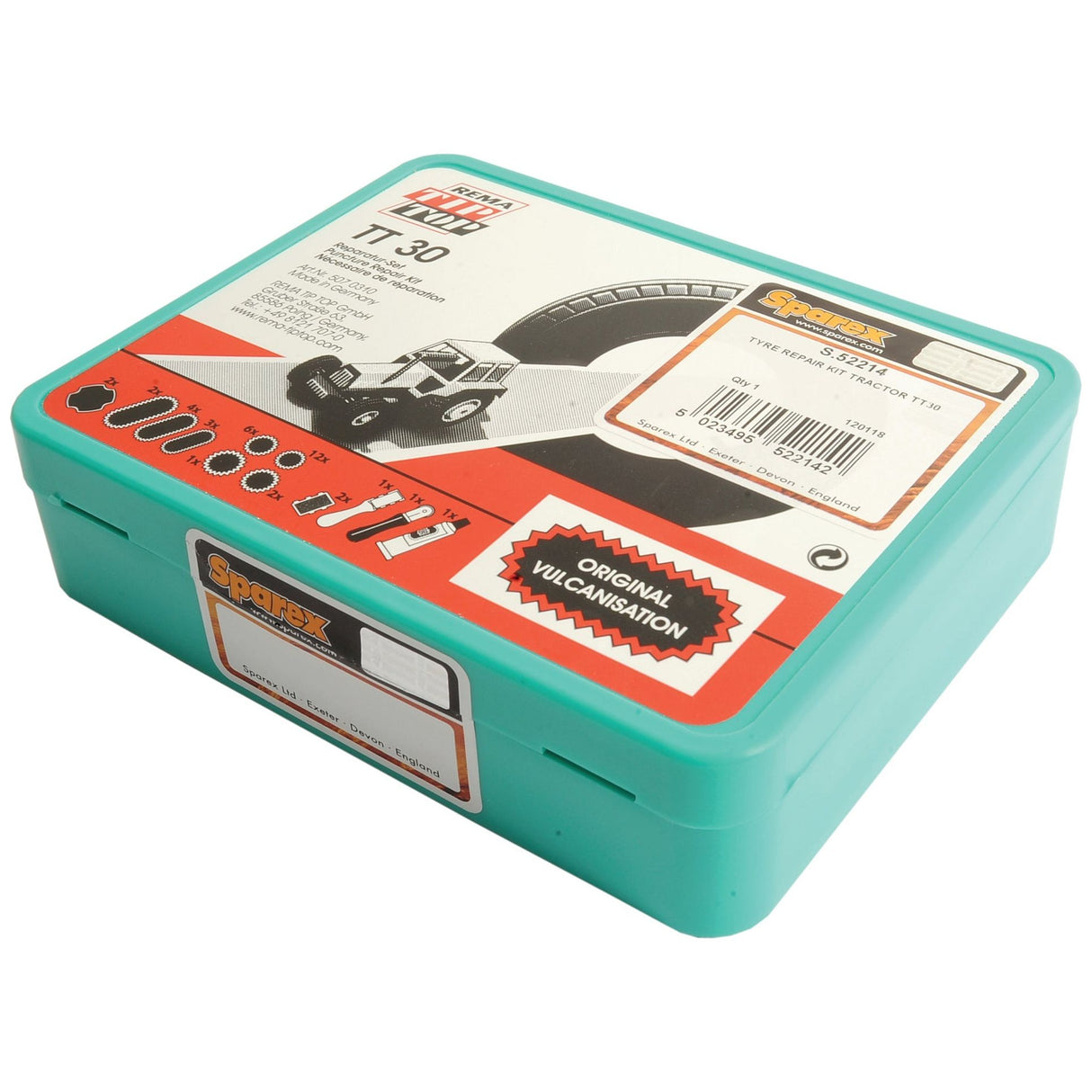 A teal plastic case labeled "S.52214" contains a Tyre Repair Kit TT30 from the brand Sparex, complete with vulcanising fluid. The top features illustrations of tools and a car tire, along with product details and barcodes, making it clear that this is a quality product.