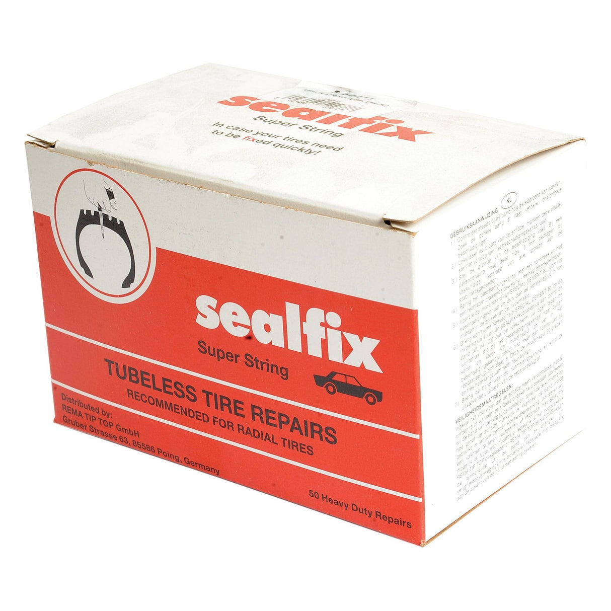 A box labeled "Repair String Tubeless (50 pcs.) | Sparex Part No.S.52277," recommended for radial tires, featuring a red and white design with an image of a car, ideal for fixing tread punctures in tubeless tires from the brand Sparex.