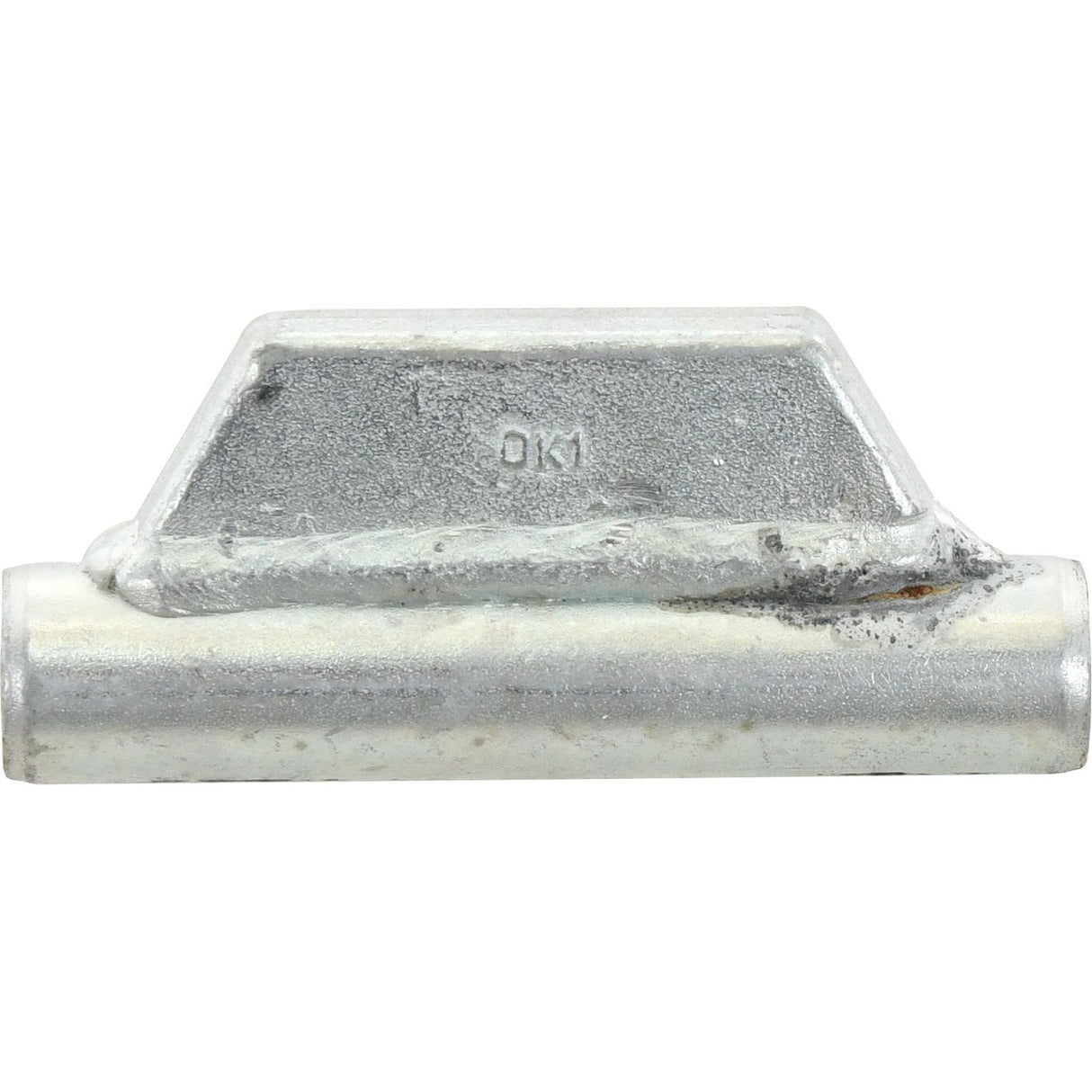 The Stabiliser Turnbuckle 171mm - 3/4'' UNC, Sparex Part No. S.5263, is a compact gray metallic component featuring a rectangular upper section and a cylindrical base, with the raised text "OK1" on the top. Designed by Sparex, it ensures precise thread size compatibility for various applications.
