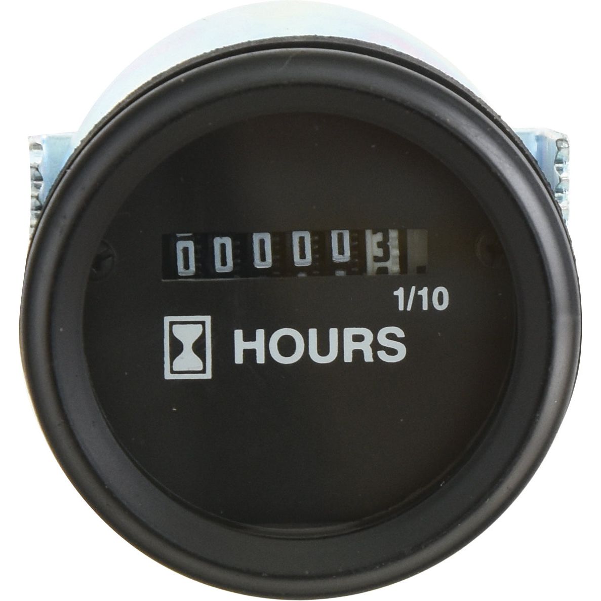 The Sparex Hourmeter - Electrical, 12/24V (Sparex Part No. S.52672), is a round, black mechanical hourmeter displaying "000043" with the label "HOURS" and "1/10" below it, suitable for 12/24V electrical systems.