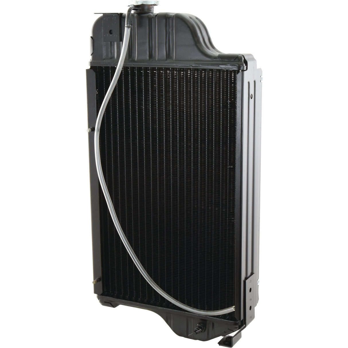 An upright black and gray vehicle radiator with attached connecting tube, complete with a Sparex Radiator - S.52758 radiator cap.