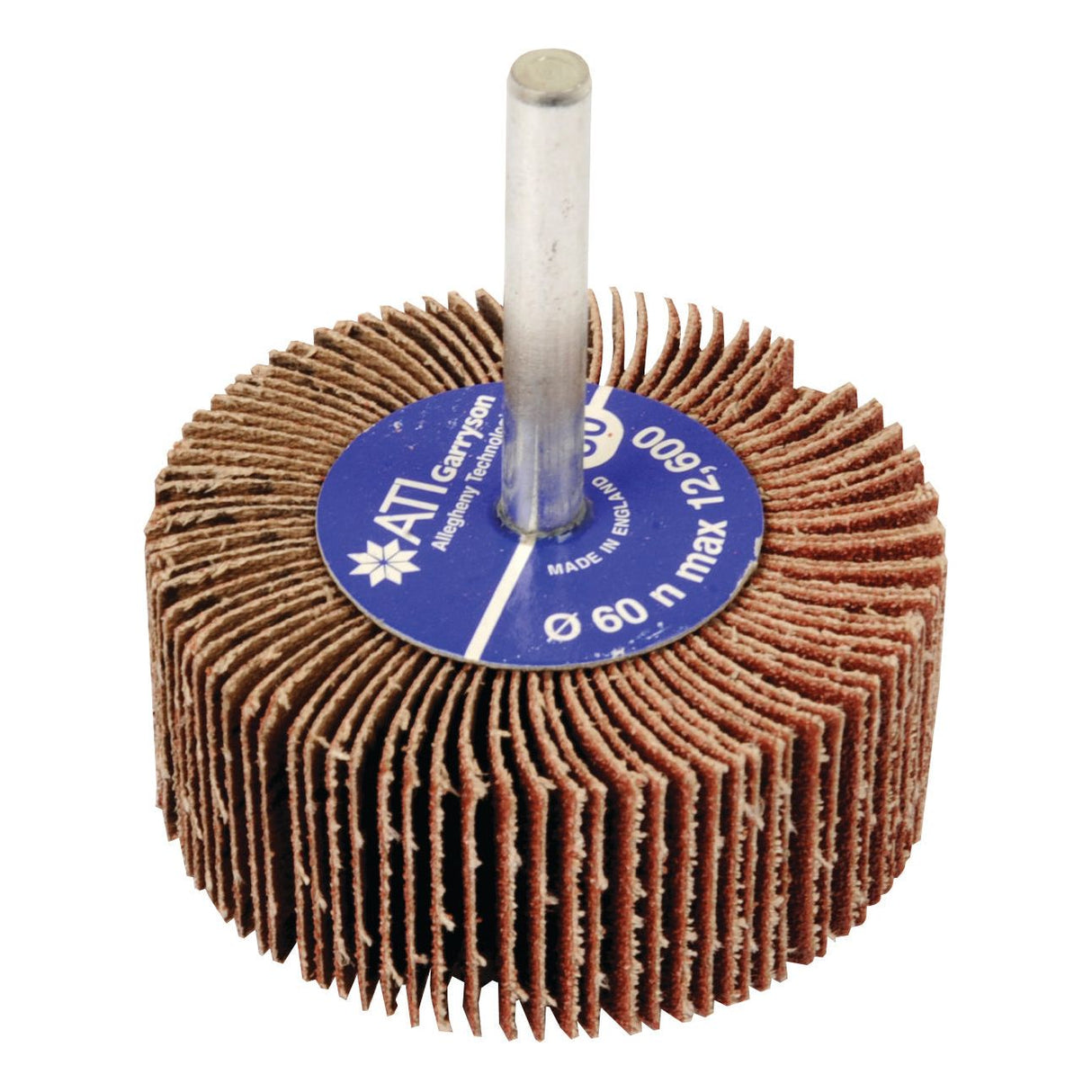 A Tyre Replacement Flap Wheel 80g - S.52787 by Sparex, featuring a 60 mm flap wheel with a metal shank and abrasive flaps, labeled with manufacturer information and specifications including ABRACS Grit Grade 80g on a blue center disc.