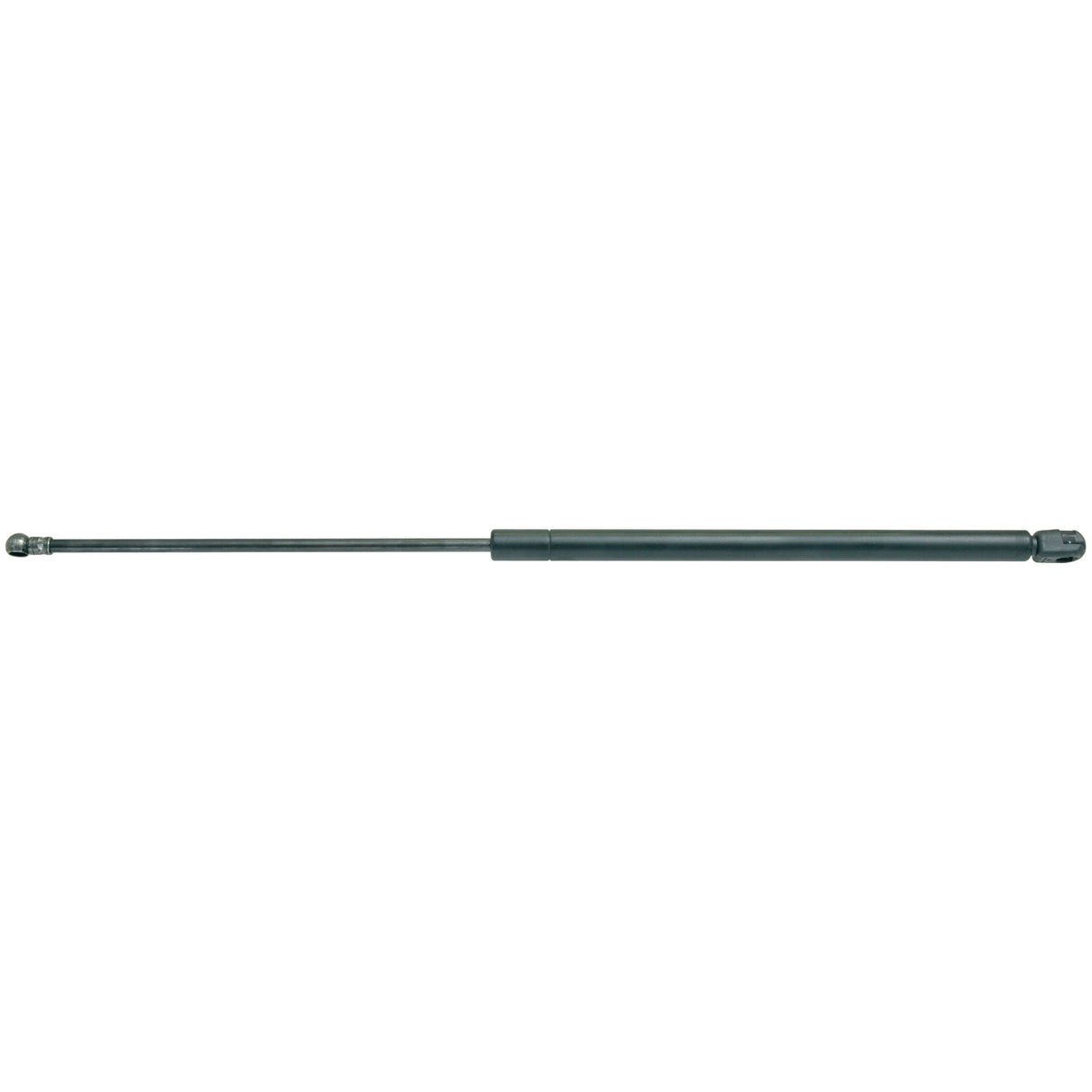 Introducing the Sparex Gas Strut (S.52878), a 590mm black agristrut gas spring with a cylindrical body and extended rod, equipped with a ball socket for seamless attachment, ideal for lifting and supporting mechanisms like hatches or lids.