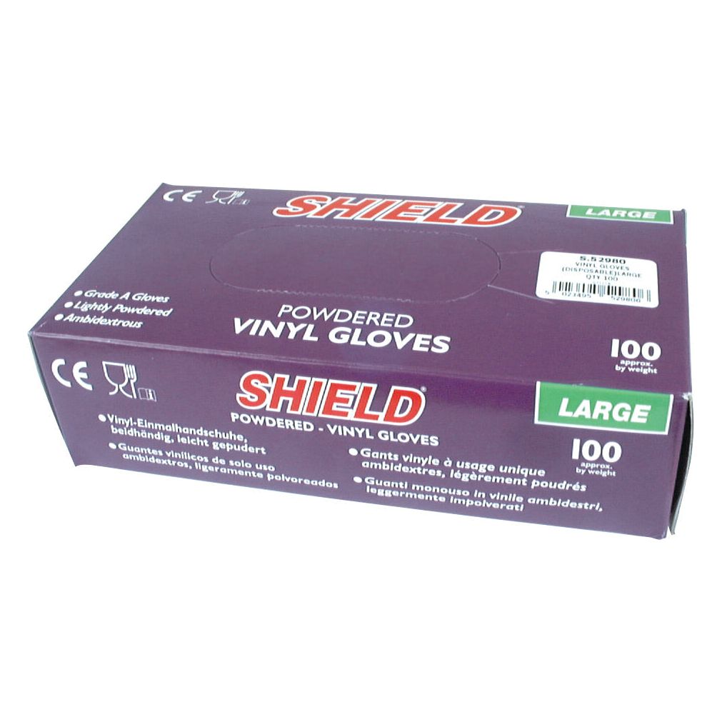 A box of Sparex brand Disposable Vinyl Gloves, size large (9/L), containing 100 latex-free gloves and labeled with multiple languages and symbols indicating usage and compliance standards.