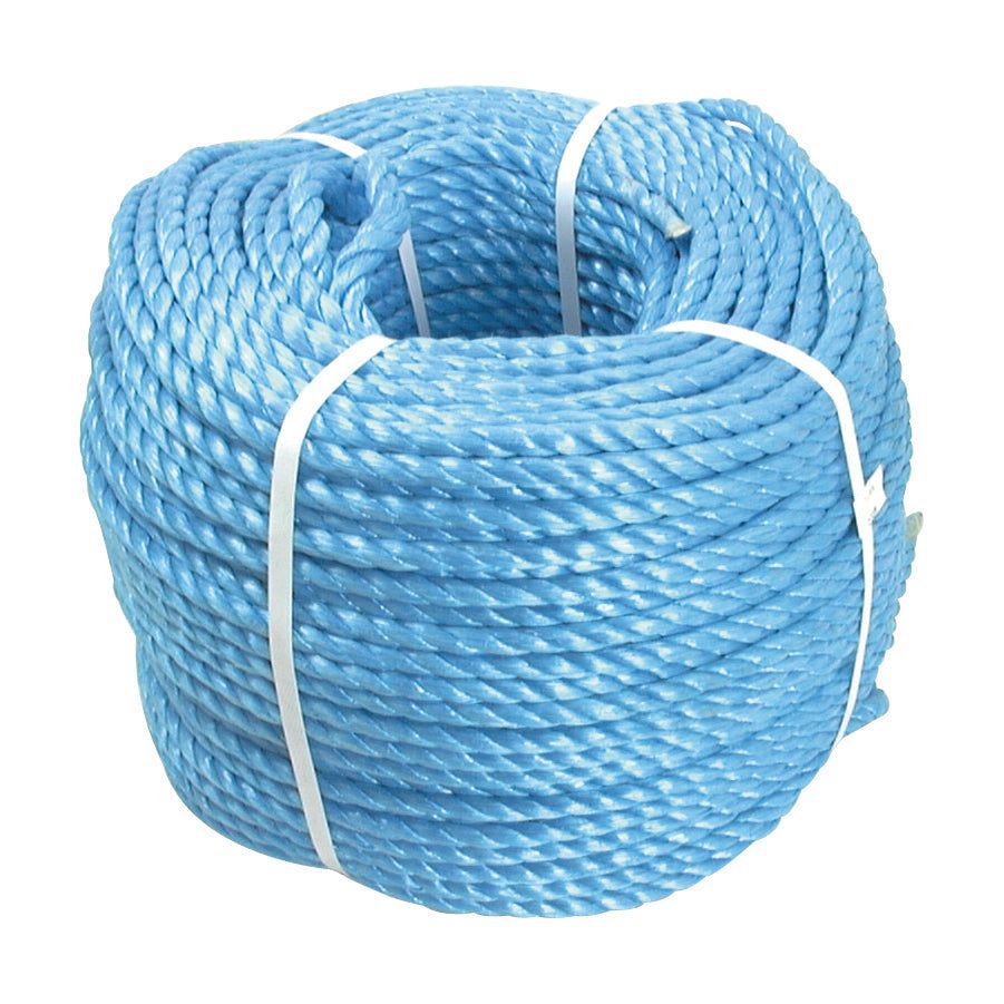 The Sparex Polypropylene Rope, Ø10mm and 220m (700ft) in length - S.52987, is a coiled blue rope secured with white plastic ties and designed to meet Sparex standards for safe working load.
