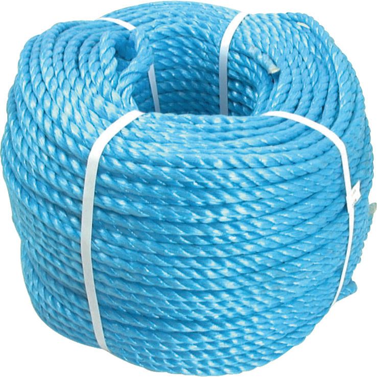 A coiled roll of Sparex Polypropylene Rope, Ø8mm, Length 220m (700ft) - S.53023, with a safe working load, secured with white plastic ties.