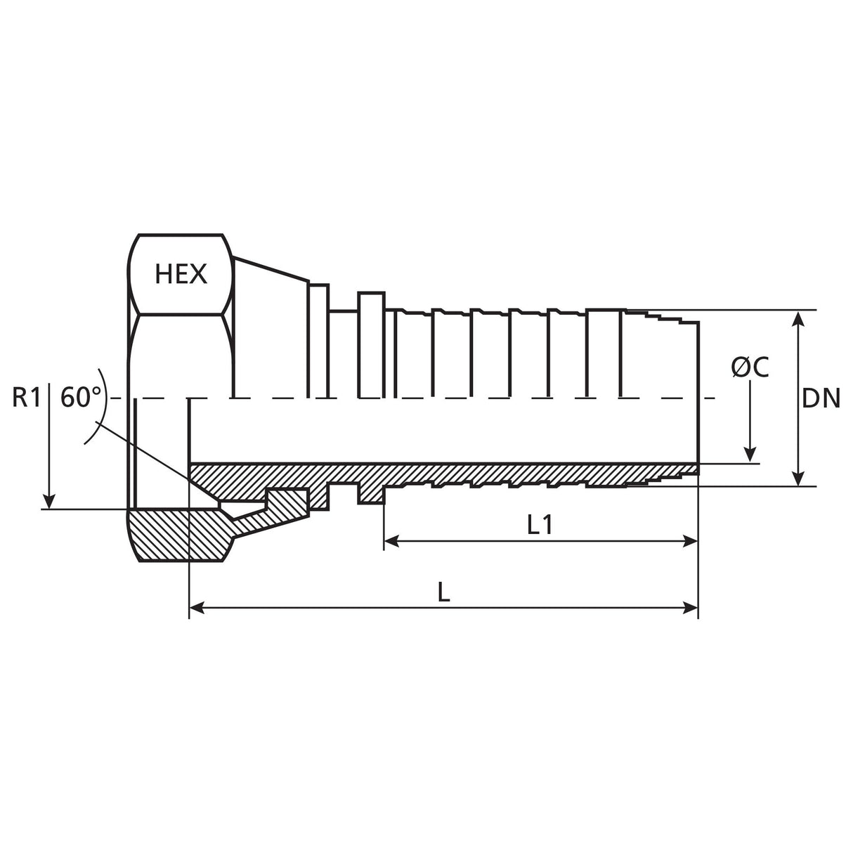 Technical drawing of a hexagonal bolt with dimensions labeled: R1 60°, HEX, ØC, DN, L1, L. The bolt features threads and a seating area. This design incorporates a Dicsa BSP 60° Hose Insert for a 1'' Female Thread Straight Swivel connection (Sparex Part No.S.53042).