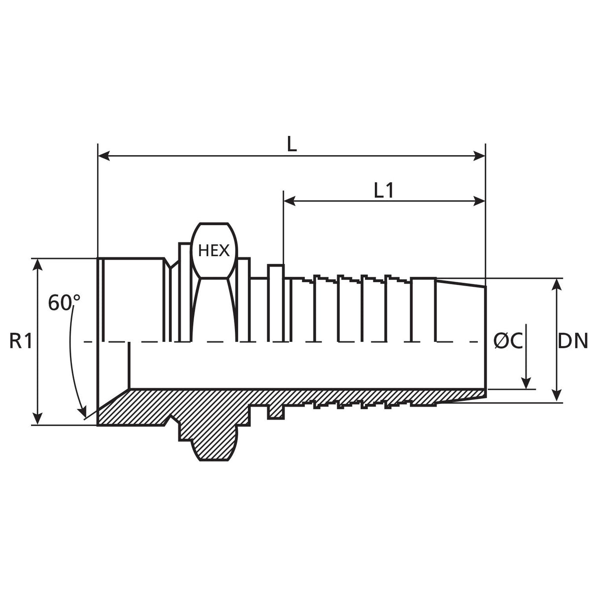 Technical drawing of the Sparex Dicsa BSP 60° Hose Insert 1/2'' x 1/2'' Male Thread Straight (Sparex Part No. S.53055) showing dimensions labeled L, L1, R1, DN, and ØC with a hexagonal head and a 60-degree angle. It features a 1/2'' male thread suitable for hose inserts.