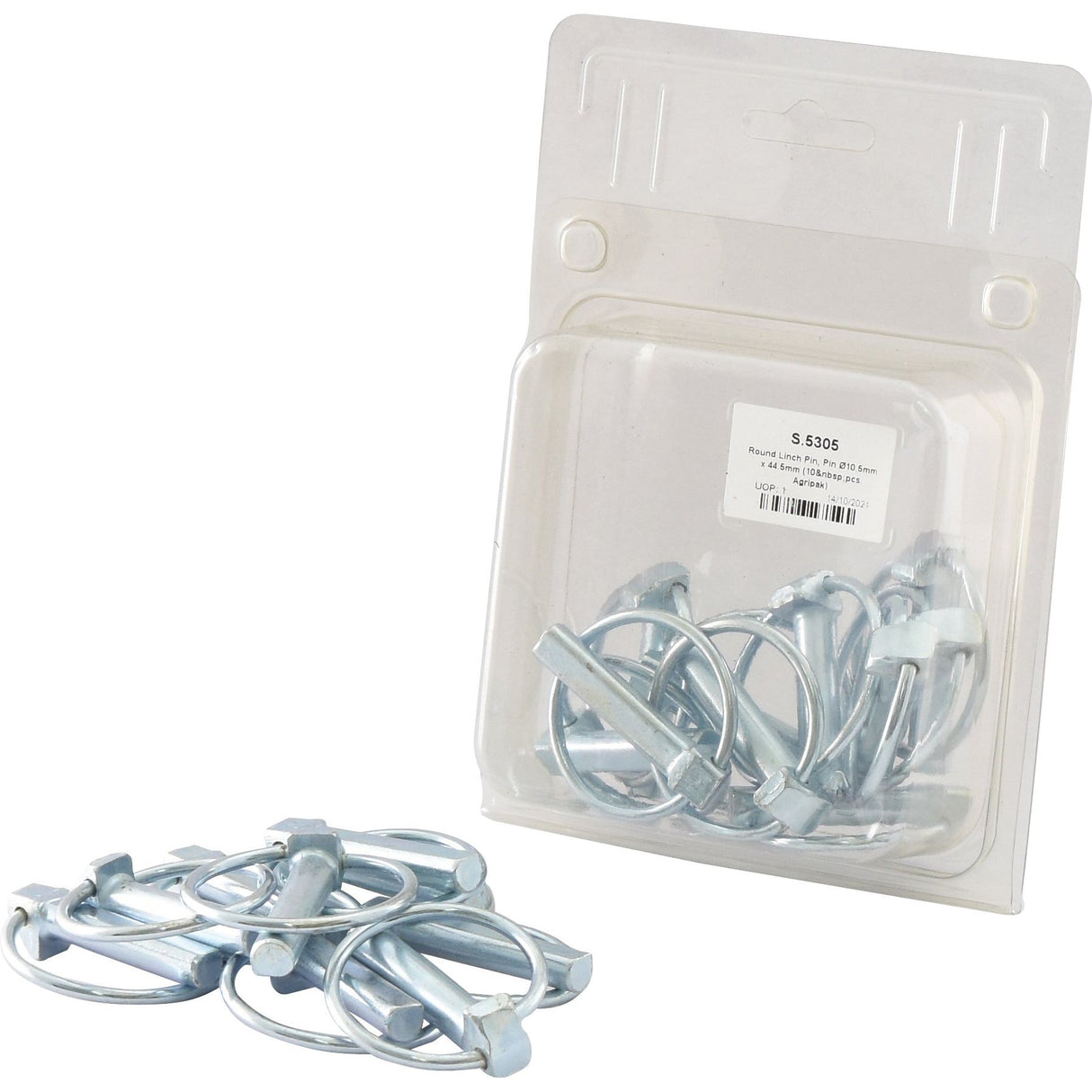 A pack of Sparex Round Linch Pins (Pin Ø10.5mm x 44.5mm, 10 pcs., Agripak) partially taken out of its transparent plastic packaging with a label displaying Sparex Part No. S.5305.
