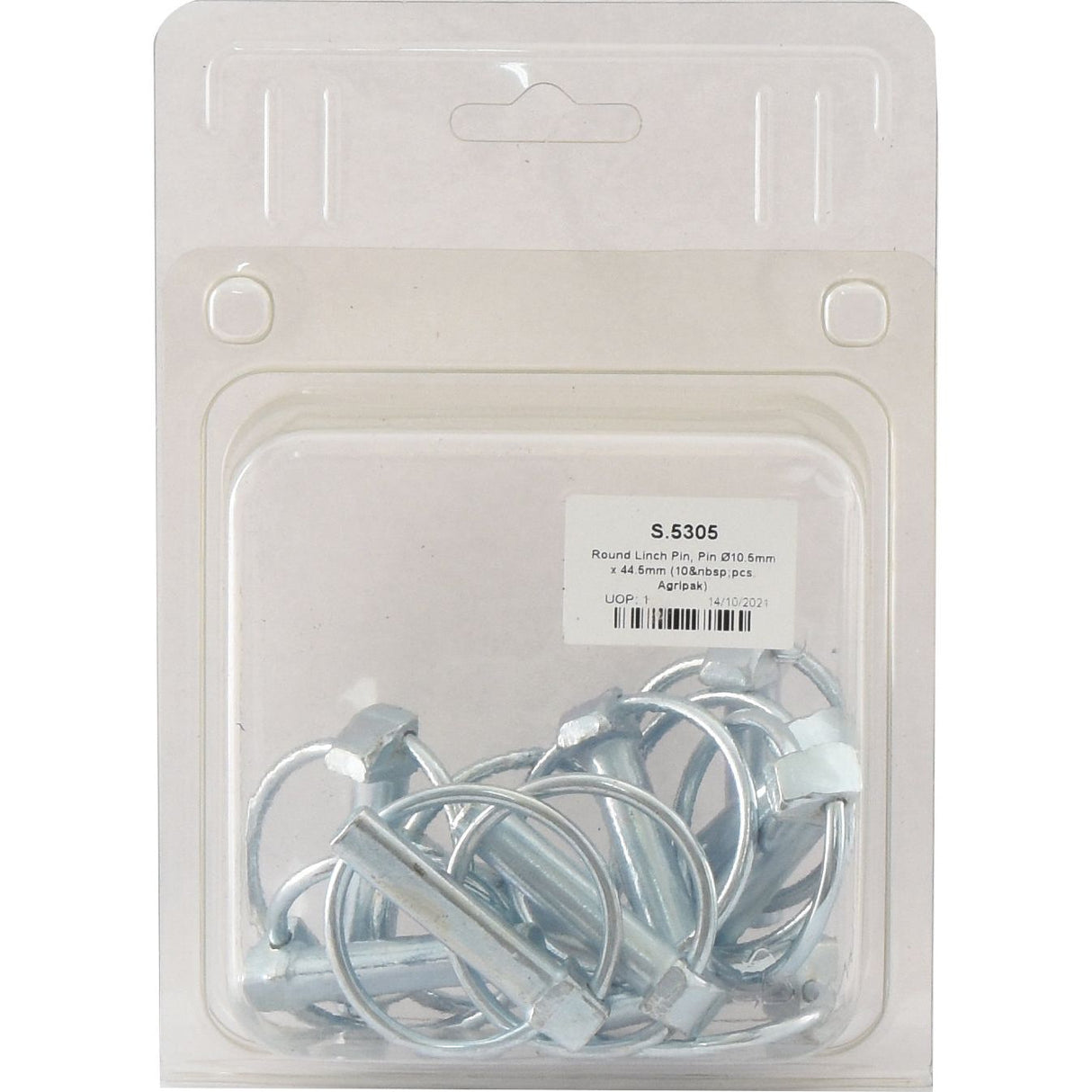 A package of Sparex Round Linch Pins, with a product label clearly indicating the size Ø10.5mm x 44.5mm and the quantity of 10 pieces (Agripak), encased in clear plastic packaging (Sparex Part No.S.5305).