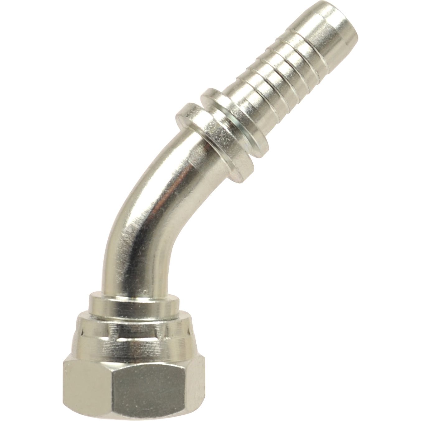 The Dicsa BSP 60° Hose Insert, Sparex Part No. S.53077, is a metallic fitting with a 1/2" female BSP thread and a 135° swept swivel design, featuring a ridged nozzle for securely attaching a 1/2" hose insert.