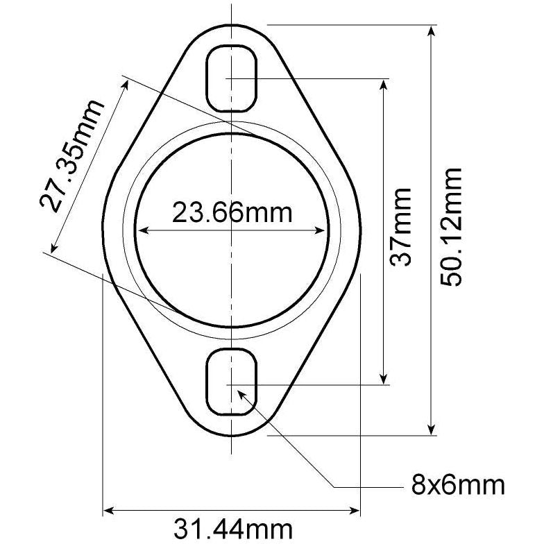 Technical drawing of a Sparex Remote Control Assembly flange (Sparex Part No. S.5326) with dimensions: inner circle 23.66 mm, outer circle 50.12 mm, hole spacing 37 mm, overall width 31.44 mm, overall height 27.35 mm, and hole size 8 x 6 mm for use with the Sparex Remote Control Assembly with 1.75M Cable by Sparex.