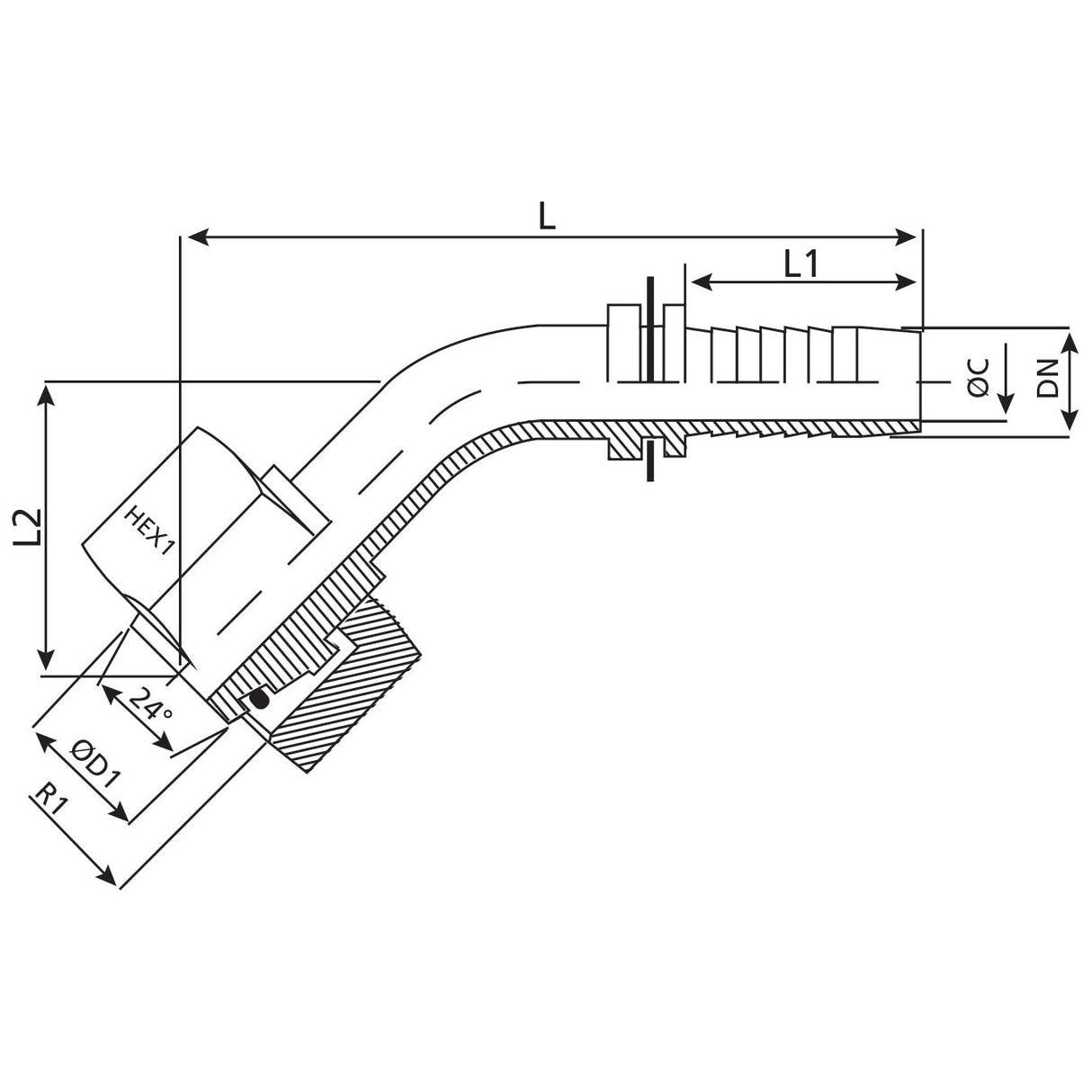 This technical drawing of a Sparex Dicsa Metric 24° Hose Insert 5/8'' x M26 x 1.5 (18L) 135° Swept Swivel With O-Ring (Sparex Part No. S.53346) includes measurements for key dimensions such as L, L1, L2, R1, OC, DN, and ØD1. Arrow markings highlight a 24-degree angle for the Metric 24° Hose Insert and a section labeled HEX1.