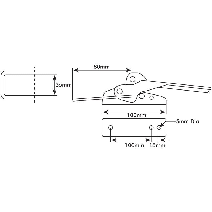 Technical drawing of a mechanical part with measurements showing dimensions of 100mm, 80mm, 35mm, and 15mm. Includes a 5mm diameter hole designed for compatibility with the Trailer Latch, 100 x 27mm Lockable from Sparex (Part No.S.5352).