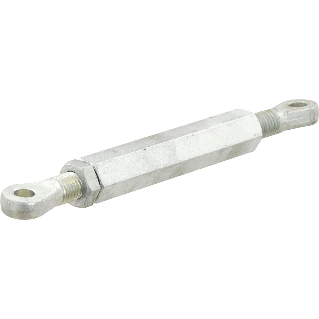 The Sparex Stabiliser Turnbuckle Assembly (Part No. S.5388) is a silver metal turnbuckle featuring threaded eye bolts on both ends, with a thread length of 100mm for adjusting tension in cables, rods, or wires. It offers a minimum length of 10mm and extends to a maximum length of 349mm, making it ideal for versatile applications. The hole diameter of 13mm ensures secure fitting, providing precision and reliability in various settings.
