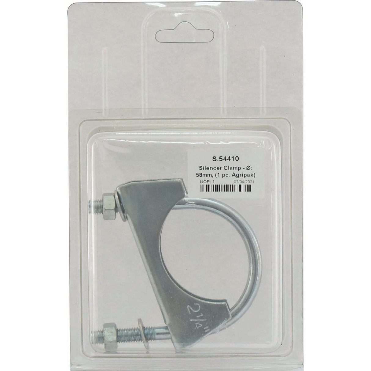 A silencer clamp in original packaging. The package includes a U-shaped metal clamp with threaded bolts and nuts. Label reads "Silencer Clamp - Ø: 58mm, (1 pc. Agripak) | Sparex Part No.S.54410.