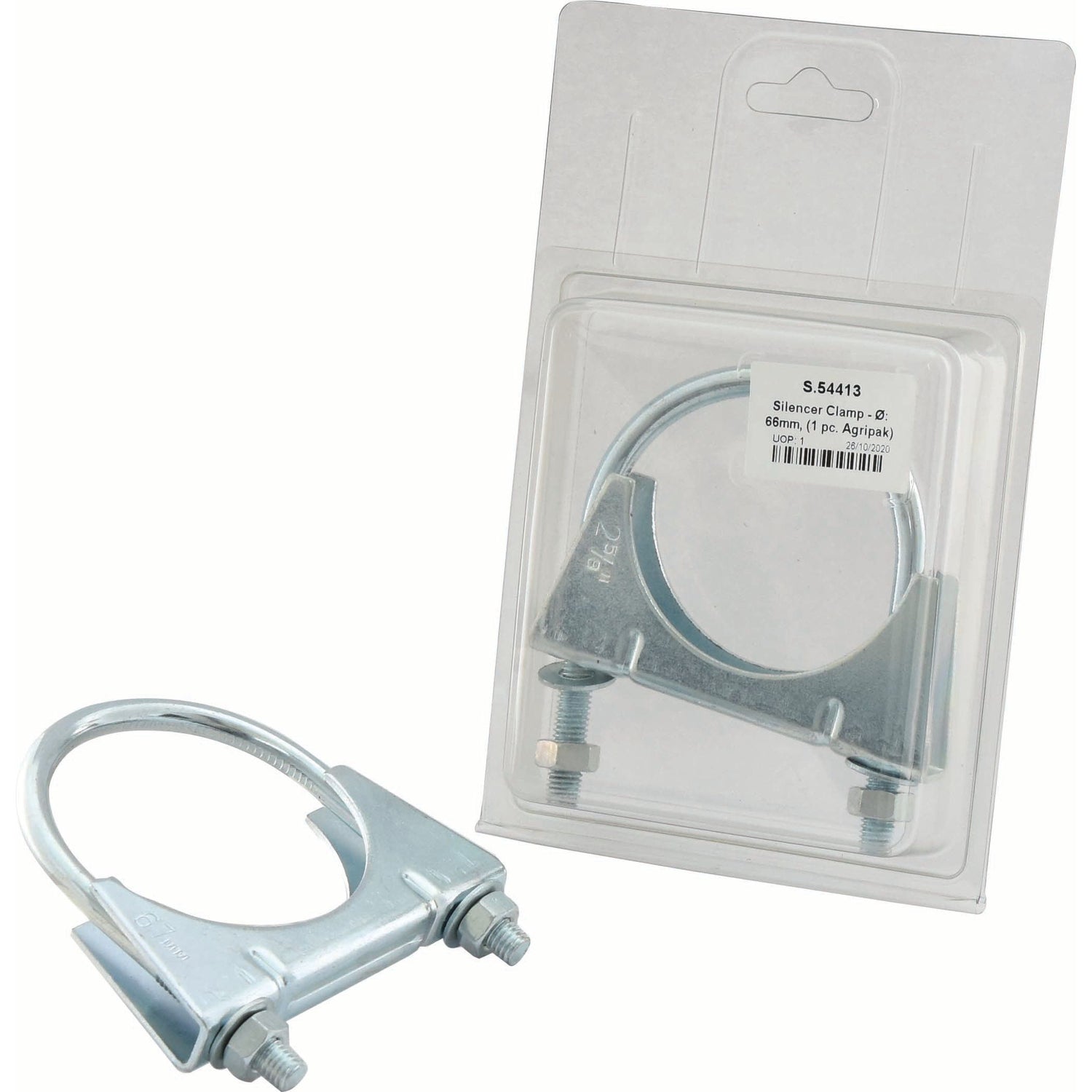 A Sparex Silencer Clamp (Ø: 66mm, part number S.54413) is displayed alongside another identical clamp, both packaged in a plastic casing. The Sparex Agripak packaging features a label with text and barcodes.