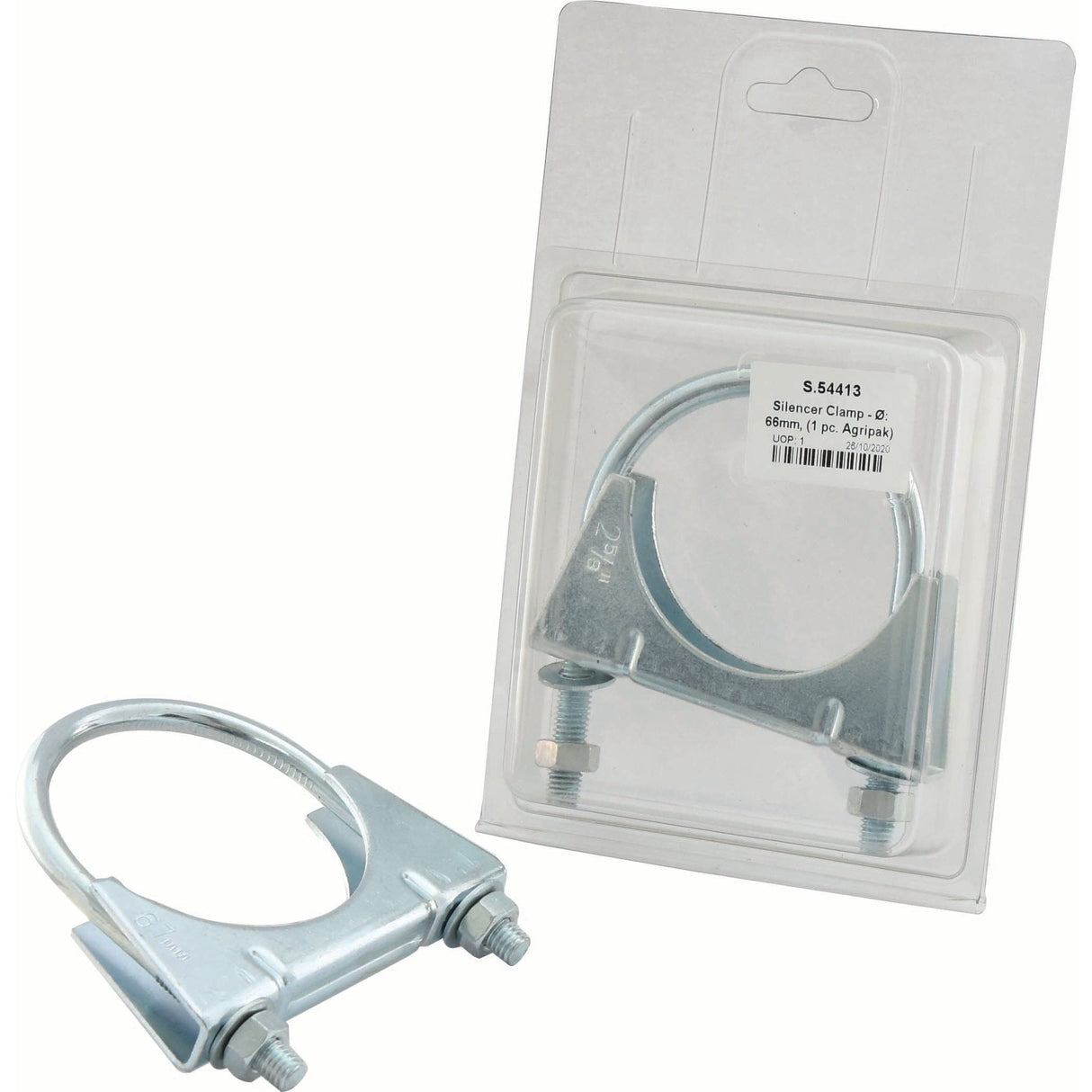 A Sparex Silencer Clamp (Ø: 66mm, part number S.54413) is displayed alongside another identical clamp, both packaged in a plastic casing. The Sparex Agripak packaging features a label with text and barcodes.