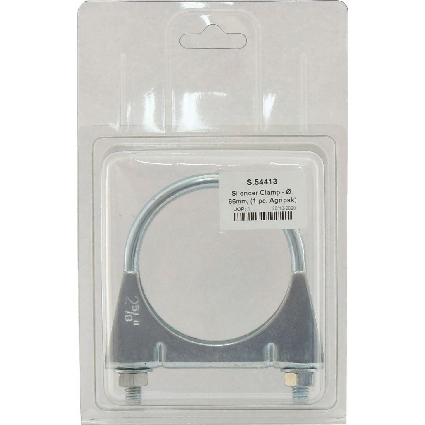 A metal silencer clamp with a 66mm diameter, labeled "Silencer Clamp - Ø: 66mm, (1 pc. Agripak)" and Sparex Part No.S.54413 from the Sparex brand, includes two bolts for fastening.