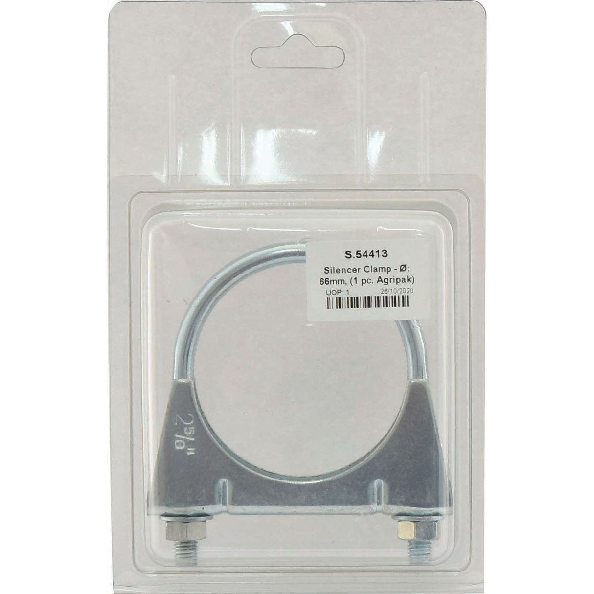 A metal silencer clamp with a 66mm diameter, labeled "Silencer Clamp - Ø: 66mm, (1 pc. Agripak)" and Sparex Part No.S.54413 from the Sparex brand, includes two bolts for fastening.
